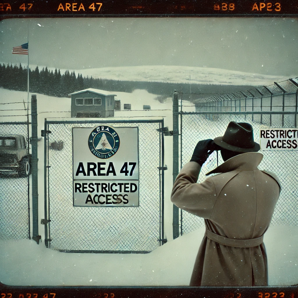 Vintage Polaroid-style photo of a snowy military base labeled “Area 47,” with a fenced gate and a blurred figure in a trench coat observing from a distance.