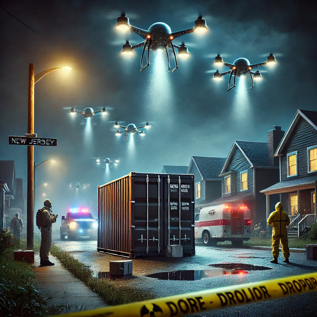 Nighttime scene of emergency responders in hazmat suits inspecting a damaged shipping container with mysterious drones hovering above in a New Jersey suburb