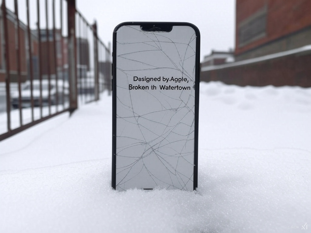 A cracked iPhone screen displaying the text ‘Designed by Apple, Broken in Watertown,’ set against a snowy Watertown, NY, background with a rusty fence and crumbling brick wall, symbolizing local skepticism toward Apple’s latest overpriced launch.