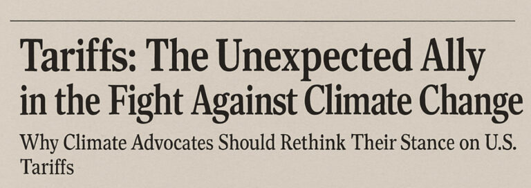 Close-up of a newspaper article titled “Tariffs: The Unexpected Ally in the Fight Against Climate Change,” printed on off-white textured paper.