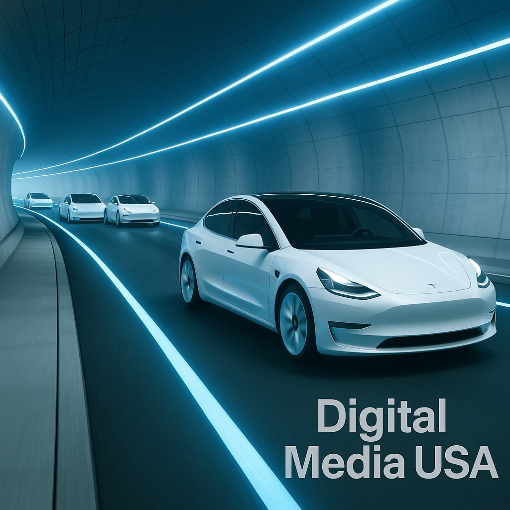 A row of sleek, white electric autonomous cars driving through a futuristic underground tunnel illuminated by blue LED guides, representing a smart, signal-free transportation network.