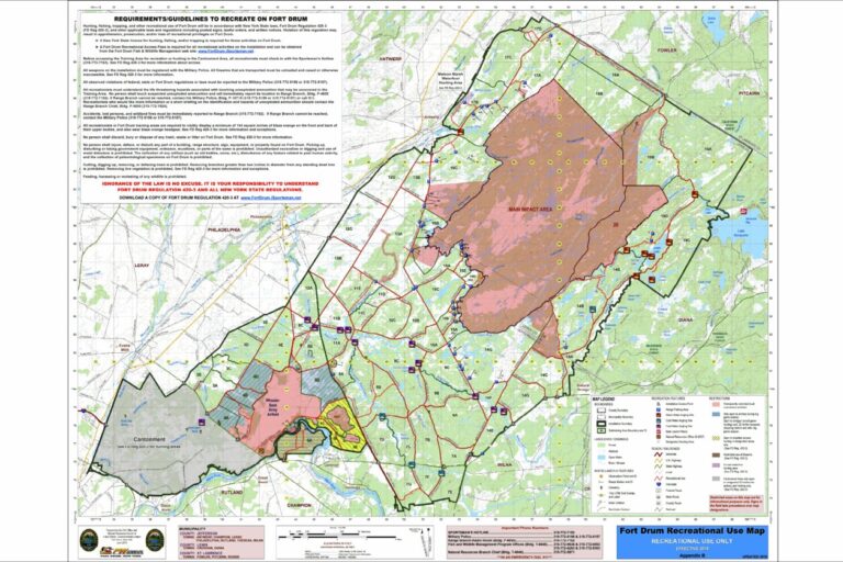 Fort Drum is a U.S. Army military reservation and census-designated place in Jefferson County, New York, strategically positioned near the U.S.–Canada border Wikipedia . These maps illustrate Fort Drum’s training areas, cantonment zone, and key transport routes in relation to nearby Watertown and the international boundary.
