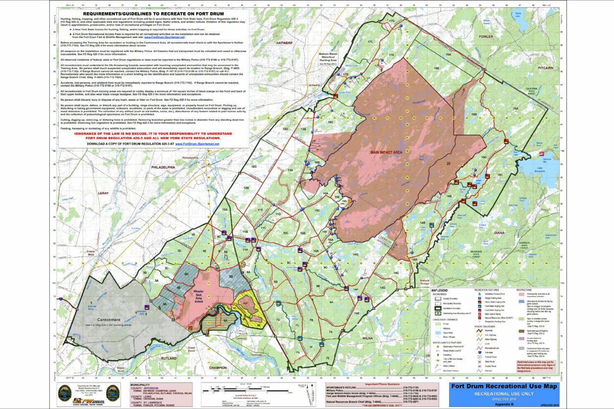 Fort Drum is a U.S. Army military reservation and census-designated place in Jefferson County, New York, strategically positioned near the U.S.–Canada border Wikipedia . These maps illustrate Fort Drum’s training areas, cantonment zone, and key transport routes in relation to nearby Watertown and the international boundary.