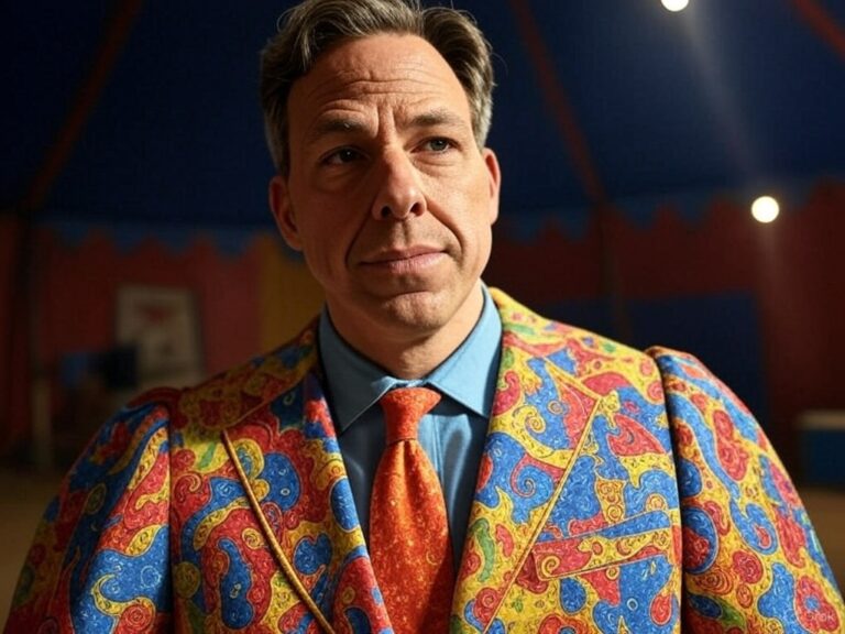 Jake Tapper holding a book in front of a blurred CNN studio backdrop, looking serious and reflective.