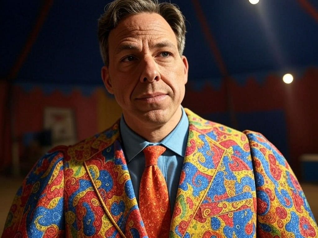 Jake Tapper holding a book in front of a blurred CNN studio backdrop, looking serious and reflective.