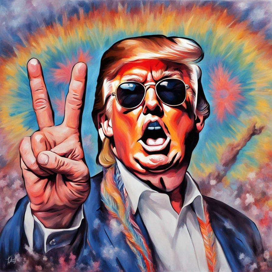 Illustration of Donald Trump depicted as a hippie, wearing round sunglasses and making a peace sign gesture, set against a colorful, tie-dye background.