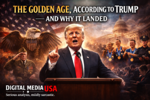 Composite political image showing Donald Trump delivering a speech at a podium in front of the U.S. Capitol. Behind him are an American flag, a bald eagle, a WWII veteran saluting, Olympic gold medalists, and a law enforcement officer. The headline reads “The Golden Age, According to Trump — And Why It Landed.” Digital Media USA logo appears at the bottom with the tagline “Serious analysis, mildly sarcastic.”