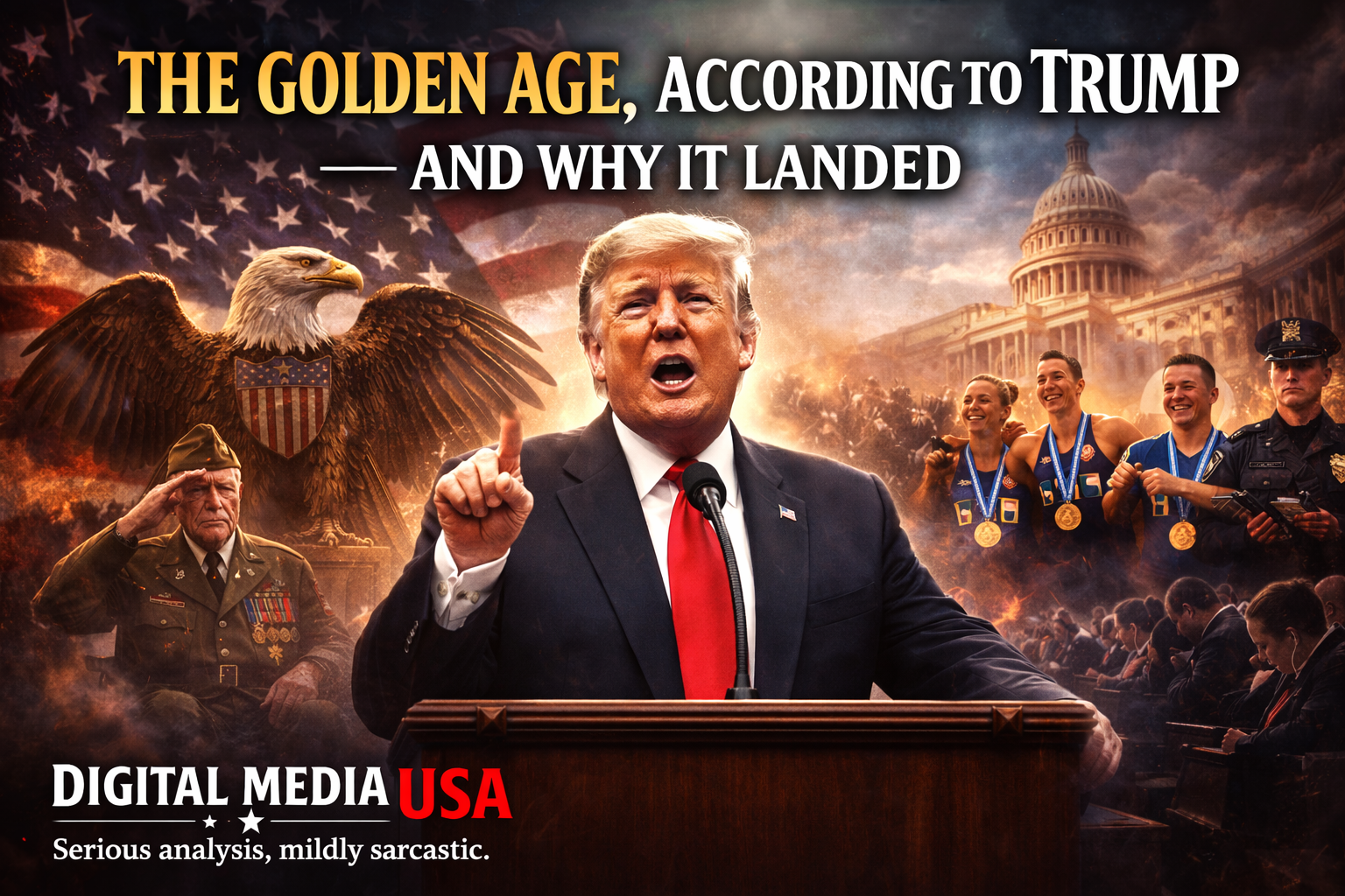Composite political image showing Donald Trump delivering a speech at a podium in front of the U.S. Capitol. Behind him are an American flag, a bald eagle, a WWII veteran saluting, Olympic gold medalists, and a law enforcement officer. The headline reads “The Golden Age, According to Trump — And Why It Landed.” Digital Media USA logo appears at the bottom with the tagline “Serious analysis, mildly sarcastic.”