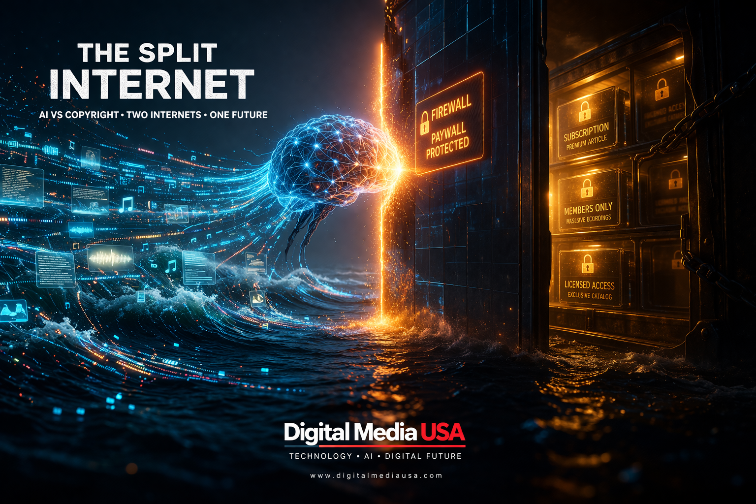 Artificial intelligence network colliding with a glowing firewall separating free and restricted internet