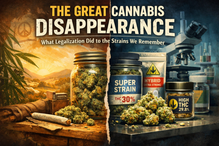 Illustration comparing traditional cannabis strains and modern high-THC dispensary hybrids, symbolizing how legalization changed cannabis genetics and marketing.
