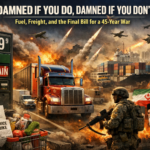 Illustration showing diesel price spike, trucking, war explosions, and global conflict impacting supply chains and inflation.