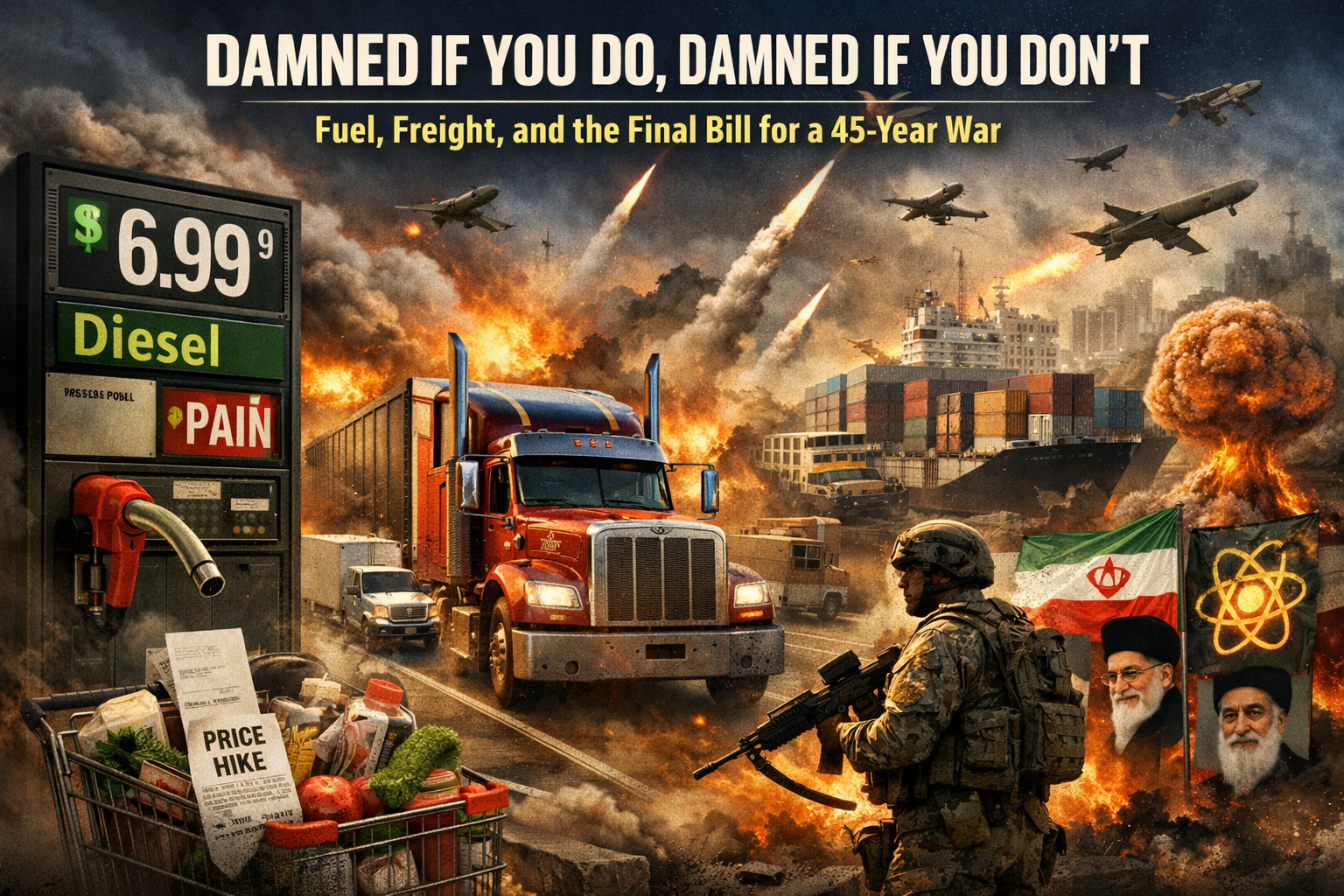 Illustration showing diesel price spike, trucking, war explosions, and global conflict impacting supply chains and inflation.