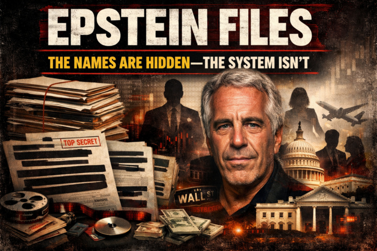News-style graphic showing Epstein, redacted documents, stacks of files, and shadowy figures representing power and secrecy