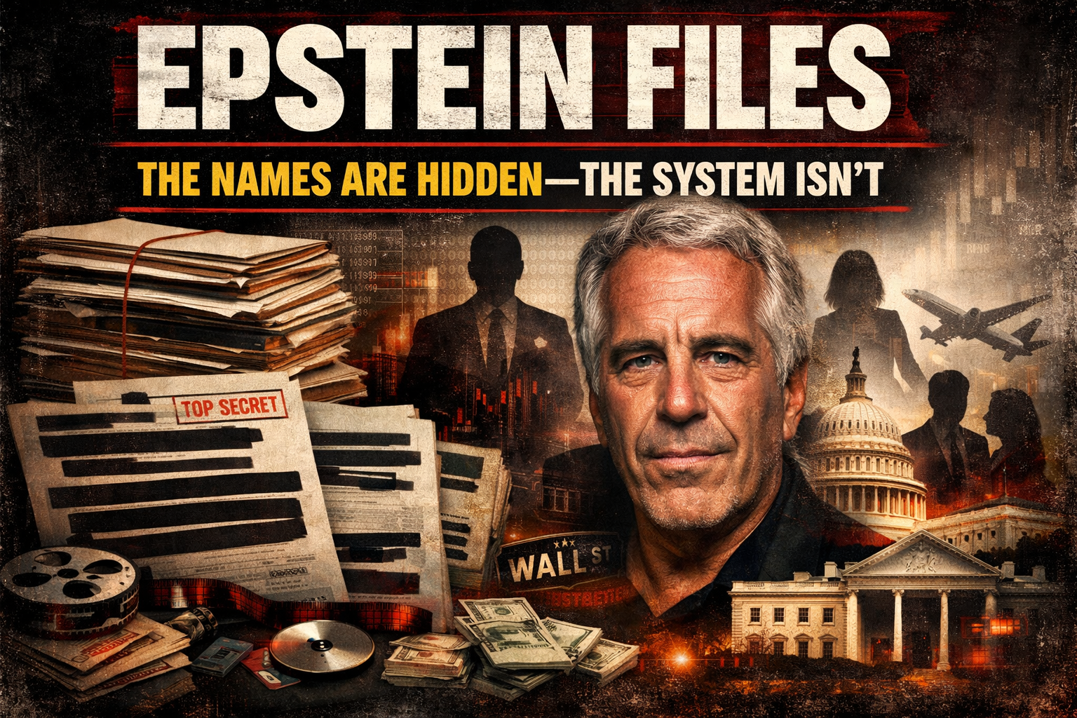 News-style graphic showing Epstein, redacted documents, stacks of files, and shadowy figures representing power and secrecy