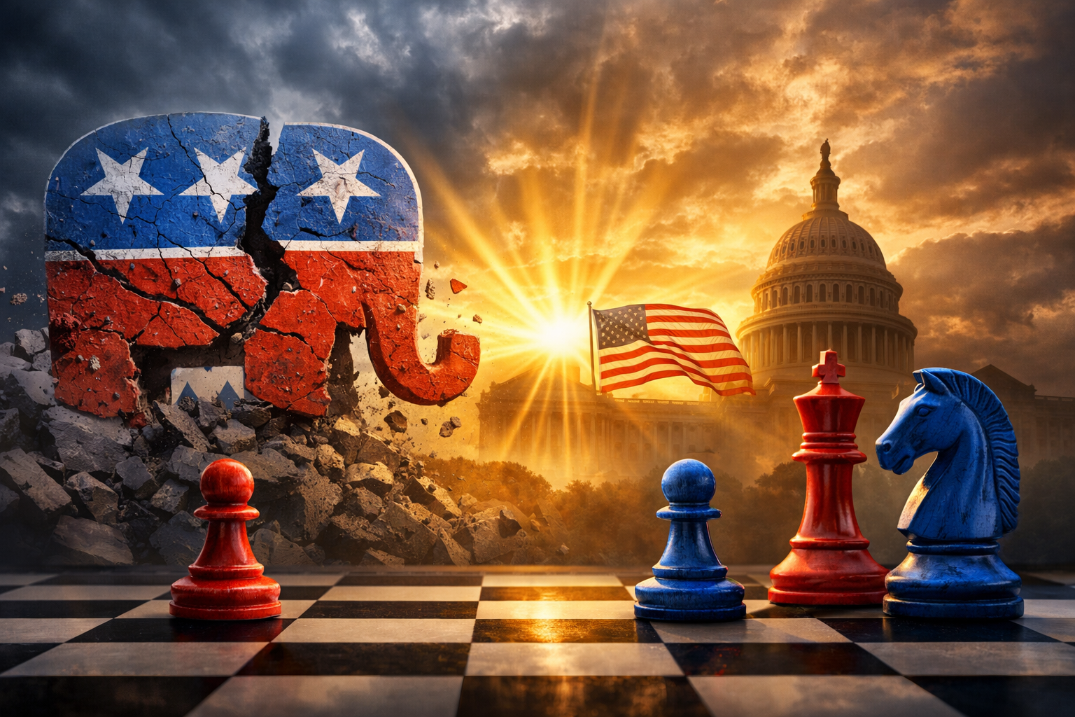 Cracked Republican elephant with chess pieces and U.S. Capitol under dramatic sunrise symbolizing political realignment.