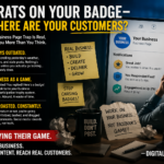 Graphic showing a frustrated business owner looking at a Facebook business page filled with badges and notifications, contrasted with notes about real business growth and a message encouraging focusing on customers instead of social media metrics.