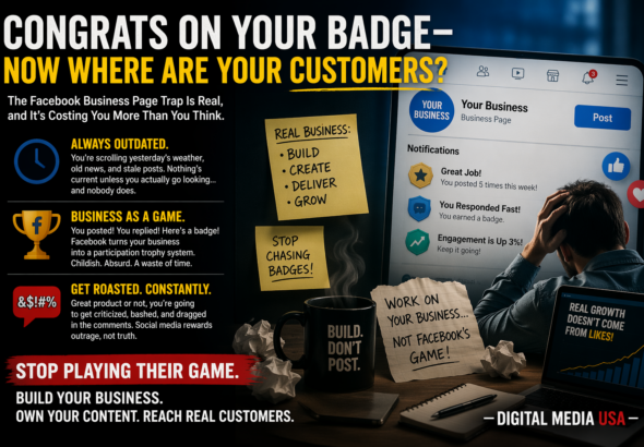 Graphic showing a frustrated business owner looking at a Facebook business page filled with badges and notifications, contrasted with notes about real business growth and a message encouraging focusing on customers instead of social media metrics.
