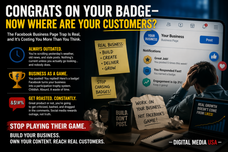 Graphic showing a frustrated business owner looking at a Facebook business page filled with badges and notifications, contrasted with notes about real business growth and a message encouraging focusing on customers instead of social media metrics.