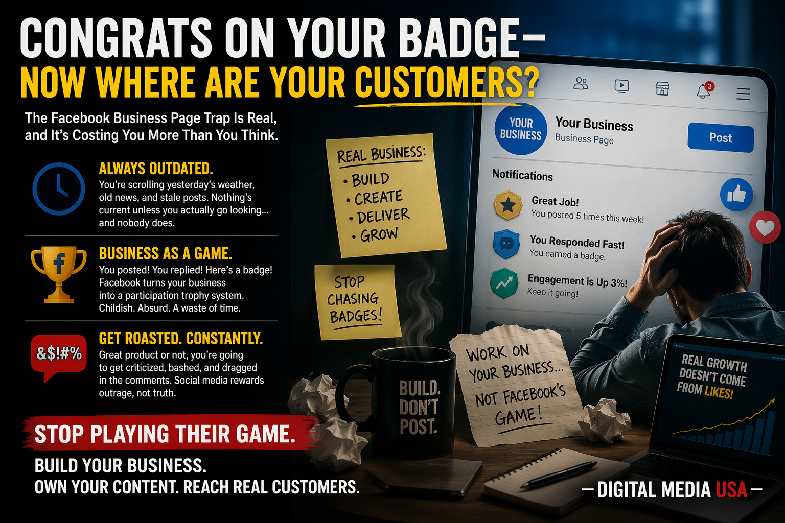 Graphic showing a frustrated business owner looking at a Facebook business page filled with badges and notifications, contrasted with notes about real business growth and a message encouraging focusing on customers instead of social media metrics.