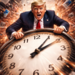 A dramatic image of Donald Trump gripping a large clock as time appears to speed forward, with motion blur and chaotic background elements symbolizing a rapid news cycle.