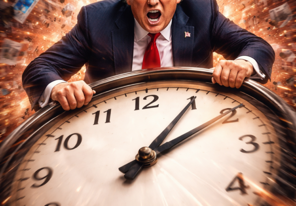 A dramatic image of Donald Trump gripping a large clock as time appears to speed forward, with motion blur and chaotic background elements symbolizing a rapid news cycle.