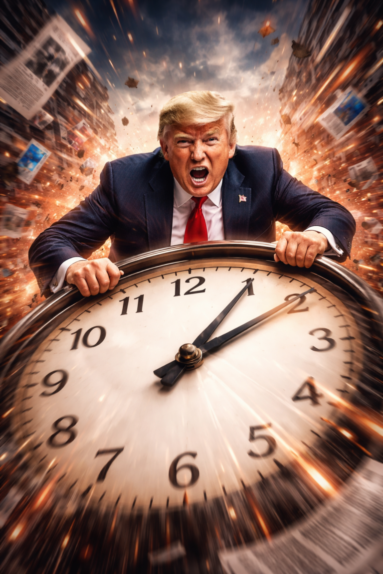 A dramatic image of Donald Trump gripping a large clock as time appears to speed forward, with motion blur and chaotic background elements symbolizing a rapid news cycle.