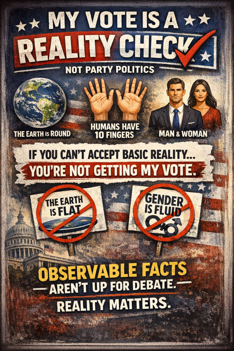 Political-style graphic with American flag background showing Earth labeled “The Earth is Round,” two hands labeled “Humans Have 10 Fingers,” and a man and woman illustration. Text emphasizes that observable facts aren’t up for debate and that voting should be based on reality, not party politics.