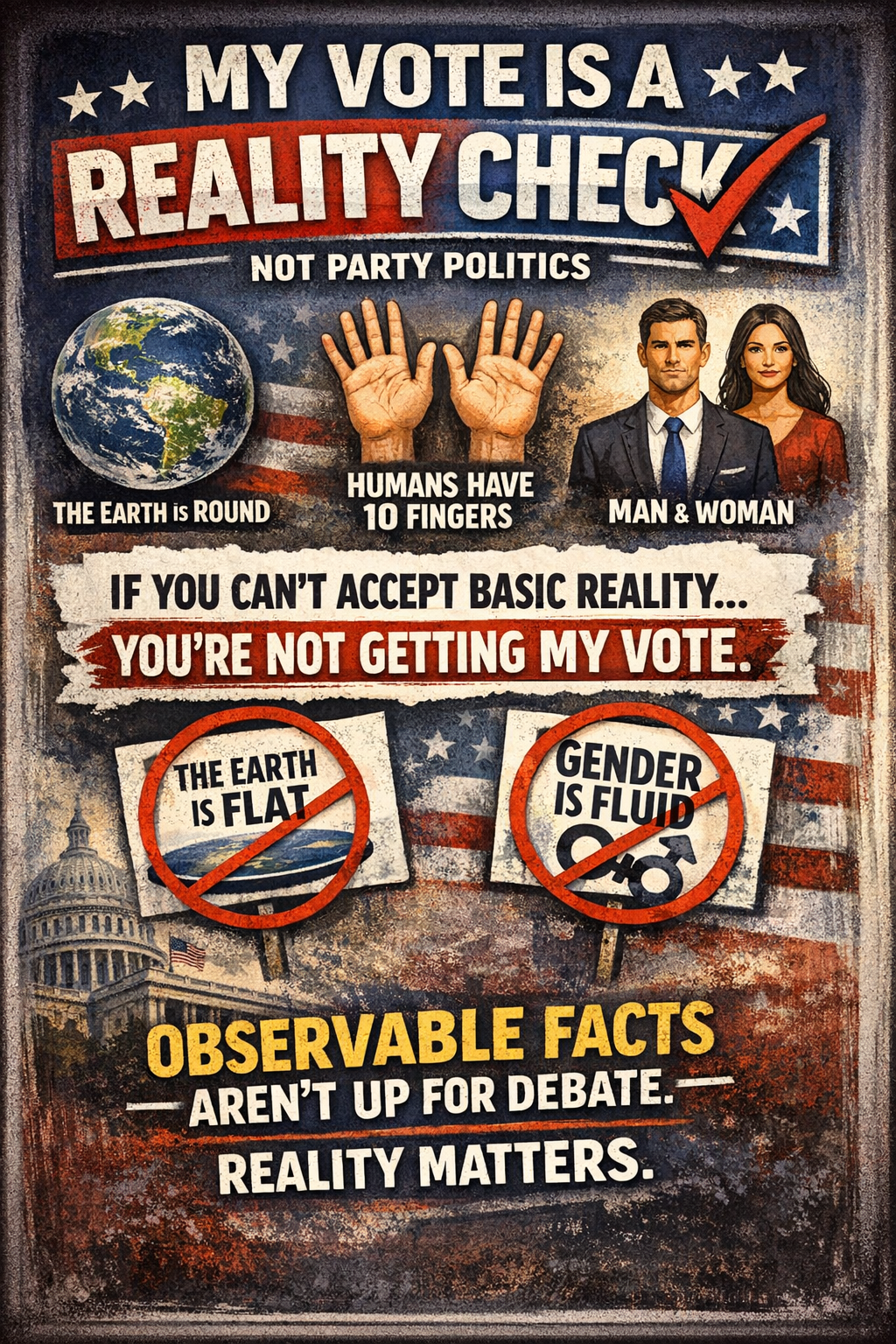 Political-style graphic with American flag background showing Earth labeled “The Earth is Round,” two hands labeled “Humans Have 10 Fingers,” and a man and woman illustration. Text emphasizes that observable facts aren’t up for debate and that voting should be based on reality, not party politics.