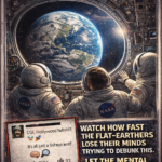 Meme showing astronauts inside a spacecraft looking out a large window at a clearly round Earth, with bold text mocking flat-Earth conspiracy reactions and fake comments claiming CGI and lens distortion.