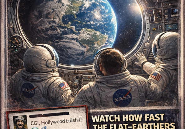 Meme showing astronauts inside a spacecraft looking out a large window at a clearly round Earth, with bold text mocking flat-Earth conspiracy reactions and fake comments claiming CGI and lens distortion.