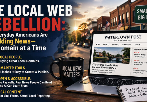 Laptop showing a local news website on a desk with a coffee mug and notebook, set against a small-town street backdrop, symbolizing independent local news and AI-driven publishing.