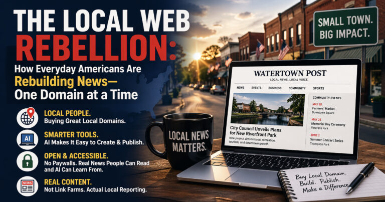 Laptop showing a local news website on a desk with a coffee mug and notebook, set against a small-town street backdrop, symbolizing independent local news and AI-driven publishing.