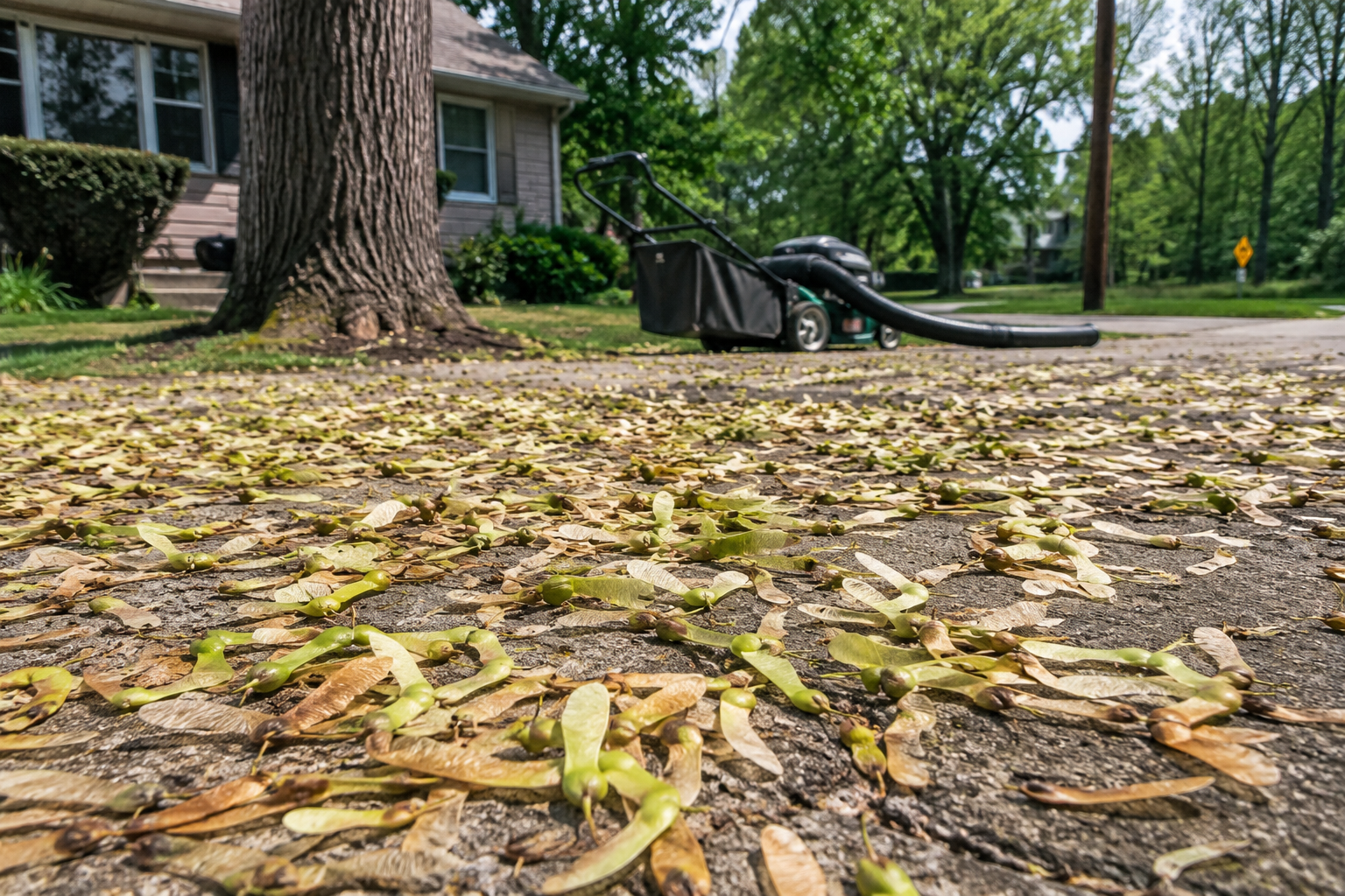 Close-up view of silver maple helicopter seeds scattered across a driveway, with a large tree, lawn, and house in the background.