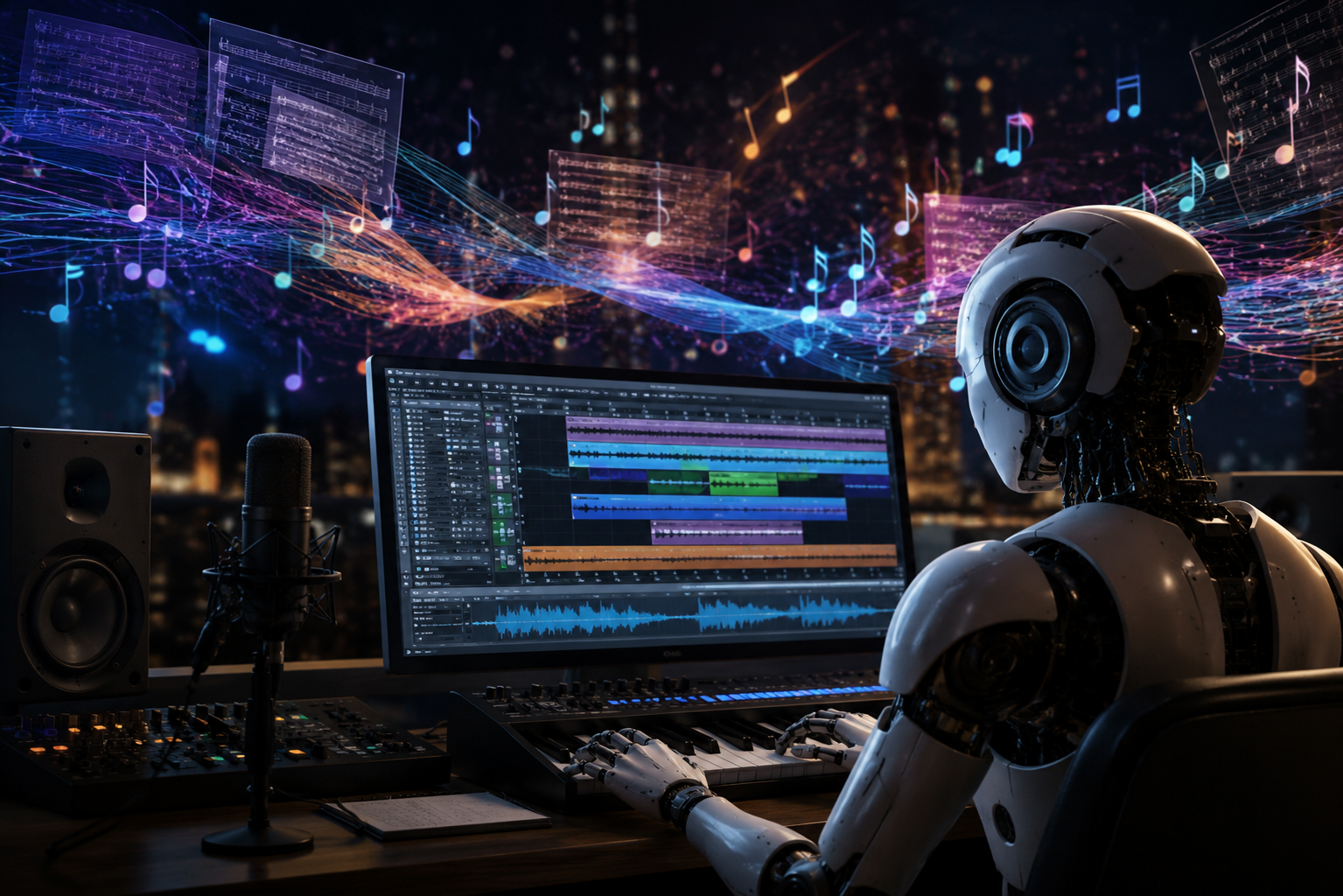 A futuristic humanoid robot creates music inside a glowing high-tech recording studio surrounded by holographic musical notes, digital sound waves, and advanced audio software on computer screens.