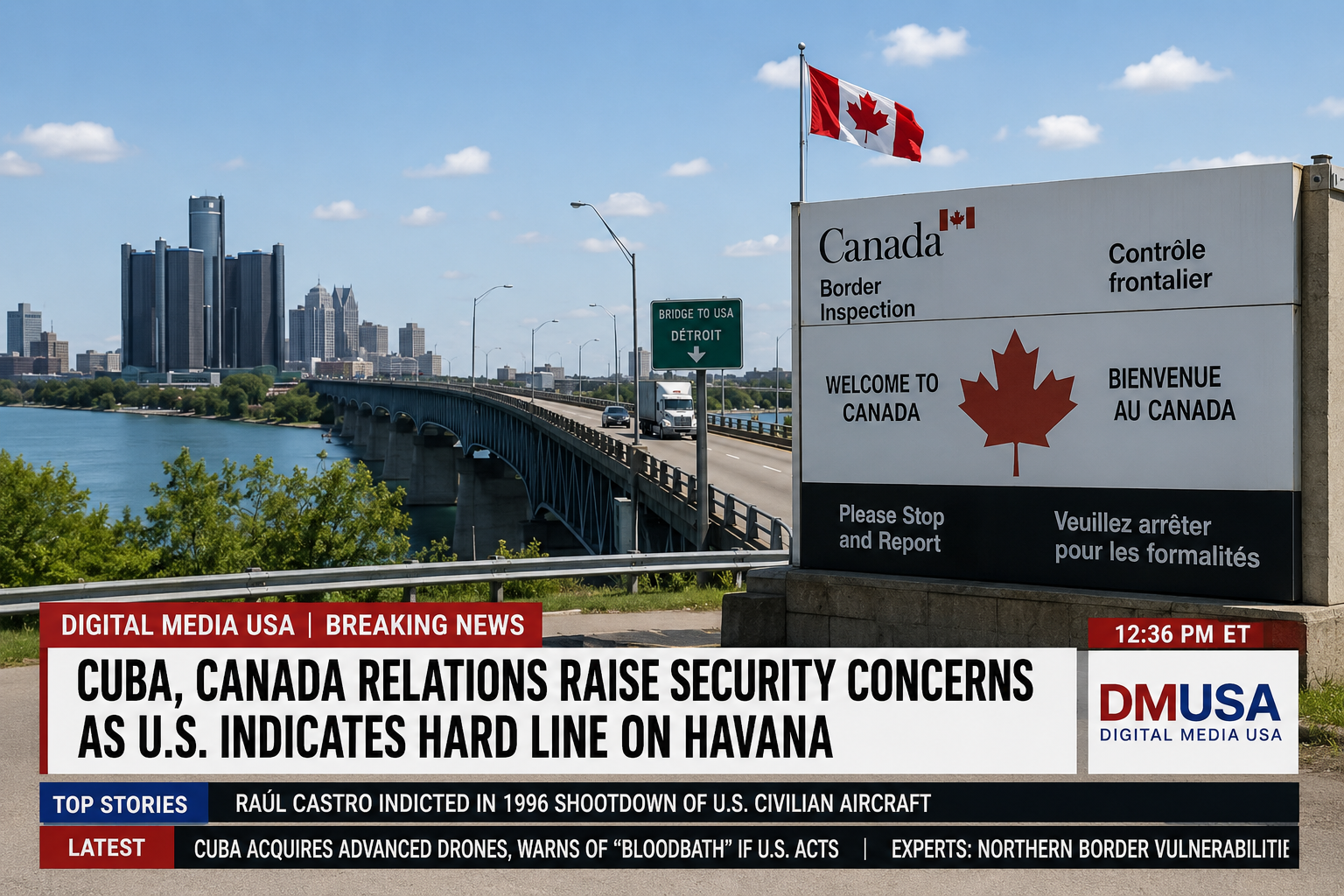 Canadian border crossing near Detroit with Digital Media USA breaking news graphics discussing Cuba, Canada, U.S. security concerns, and the Raúl Castro indictment.