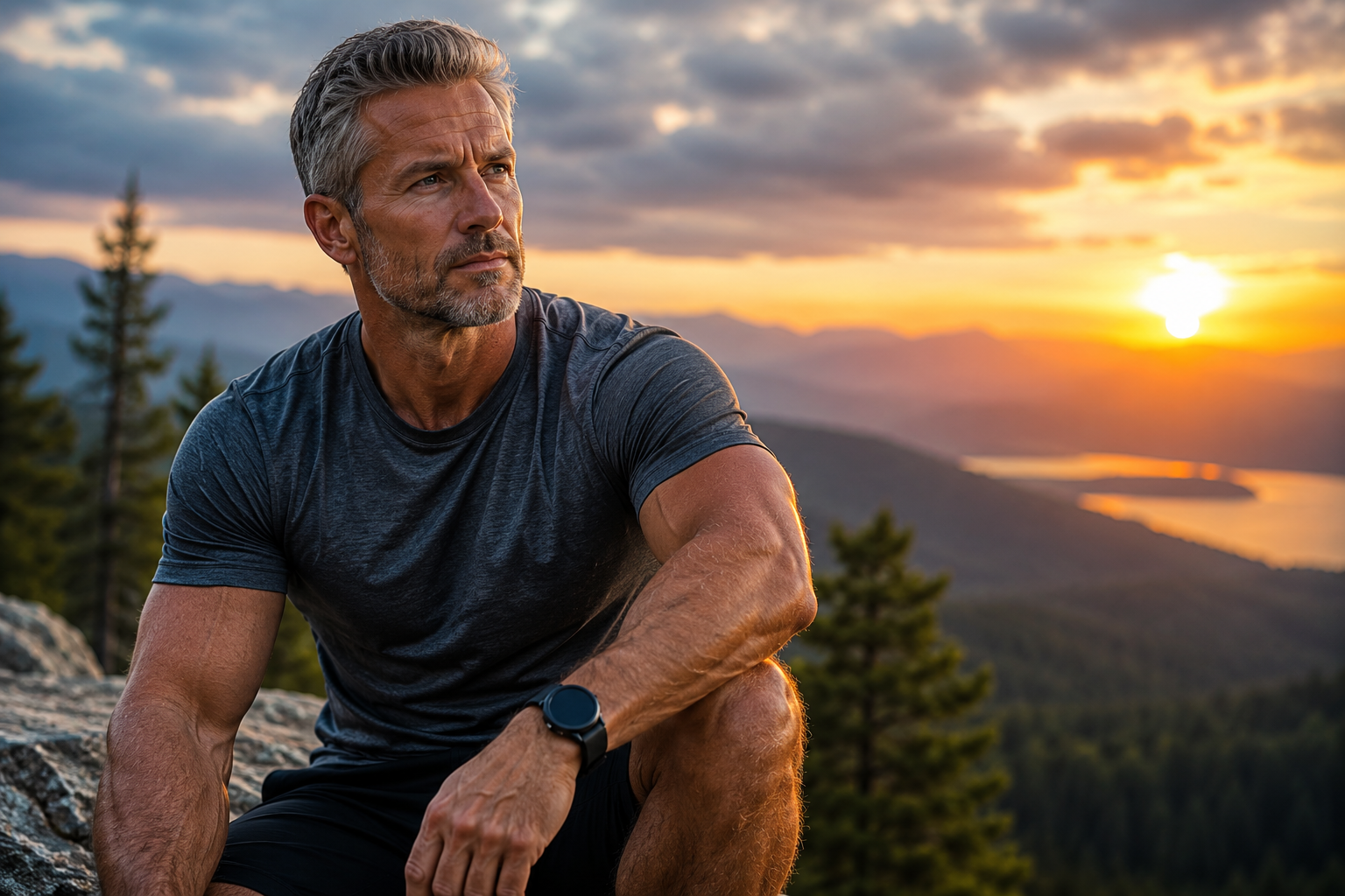 A fit middle-aged man sits on a mountain overlook at sunset, appearing energized, healthy, and reflective while surrounded by a dramatic wilderness landscape.