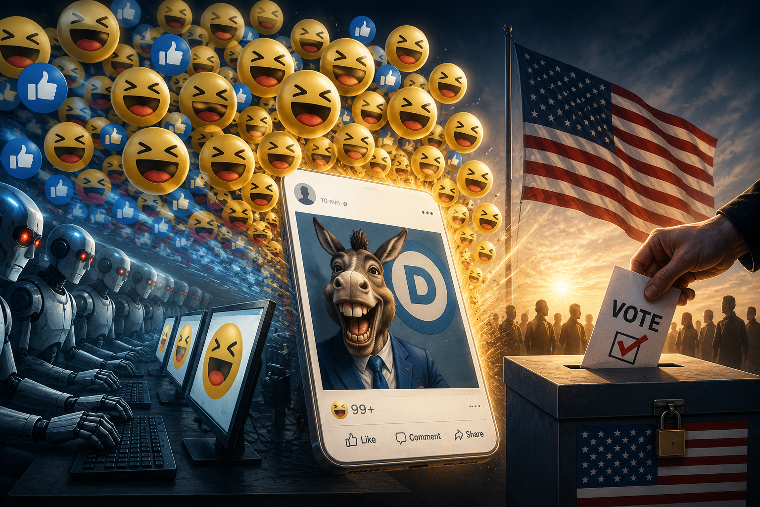 A digital illustration of robotic accounts flooding a social media post with laughing emoji reactions while a voter casts a ballot into an American ballot box, symbolizing the contrast between online influence campaigns and real-world democracy.