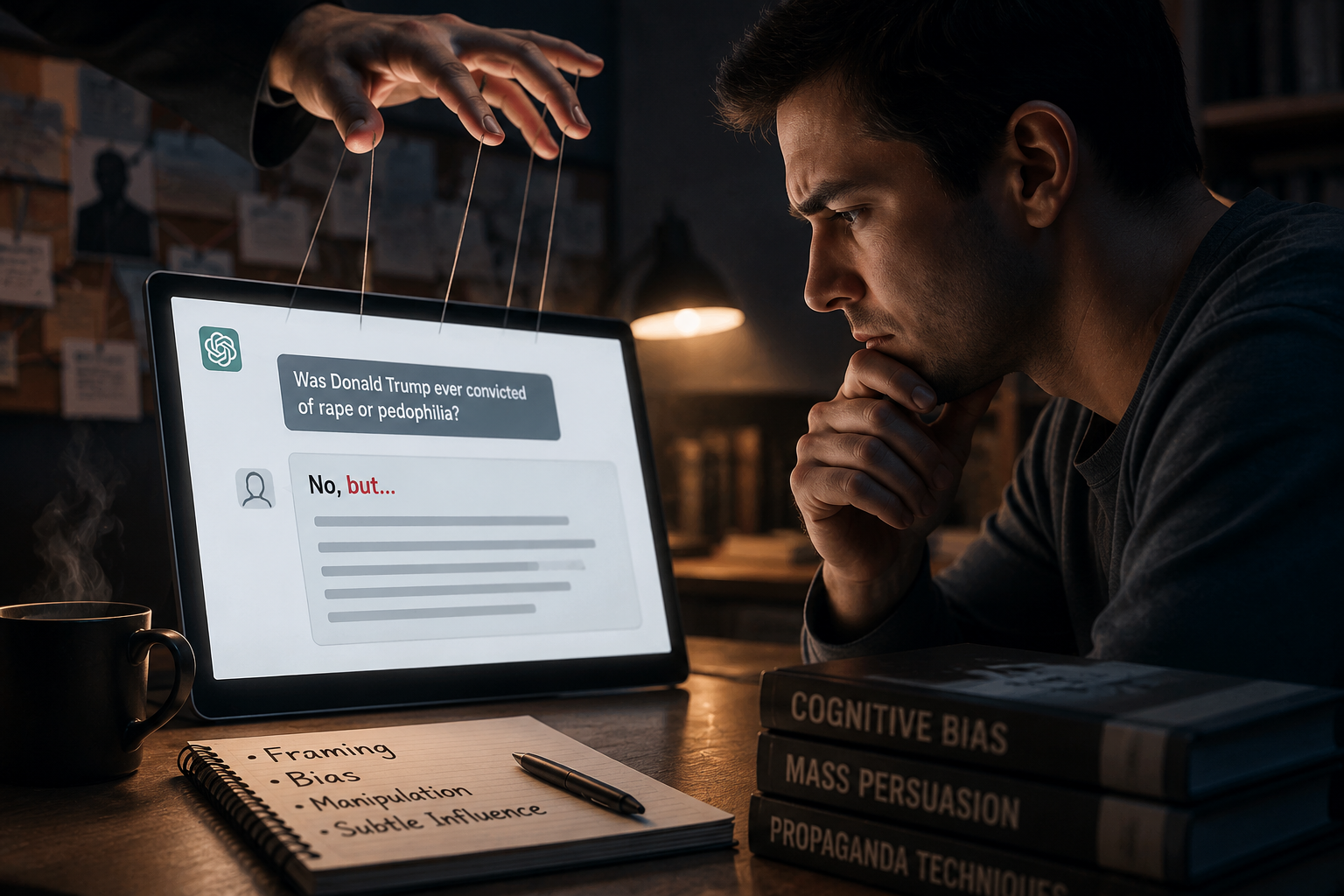 A thoughtful man studies an AI chatbot displayed on a computer screen while an oversized hand manipulates puppet strings above it, symbolizing concerns about artificial intelligence, framing, and influence over political communication.