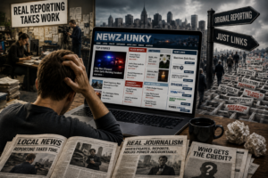 A symbolic illustration shows a cluttered digital news environment with a computer displaying a news website alongside visual elements representing original reporting, news aggregation, and reader confusion over who actually produced the journalism.
