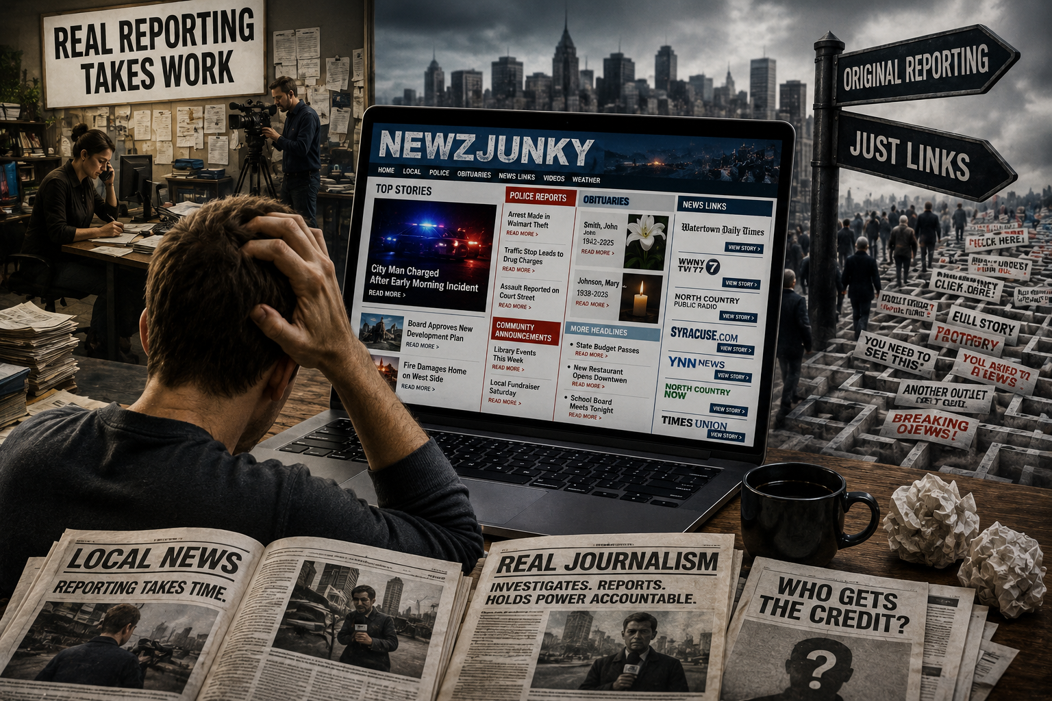 A symbolic illustration shows a cluttered digital news environment with a computer displaying a news website alongside visual elements representing original reporting, news aggregation, and reader confusion over who actually produced the journalism.