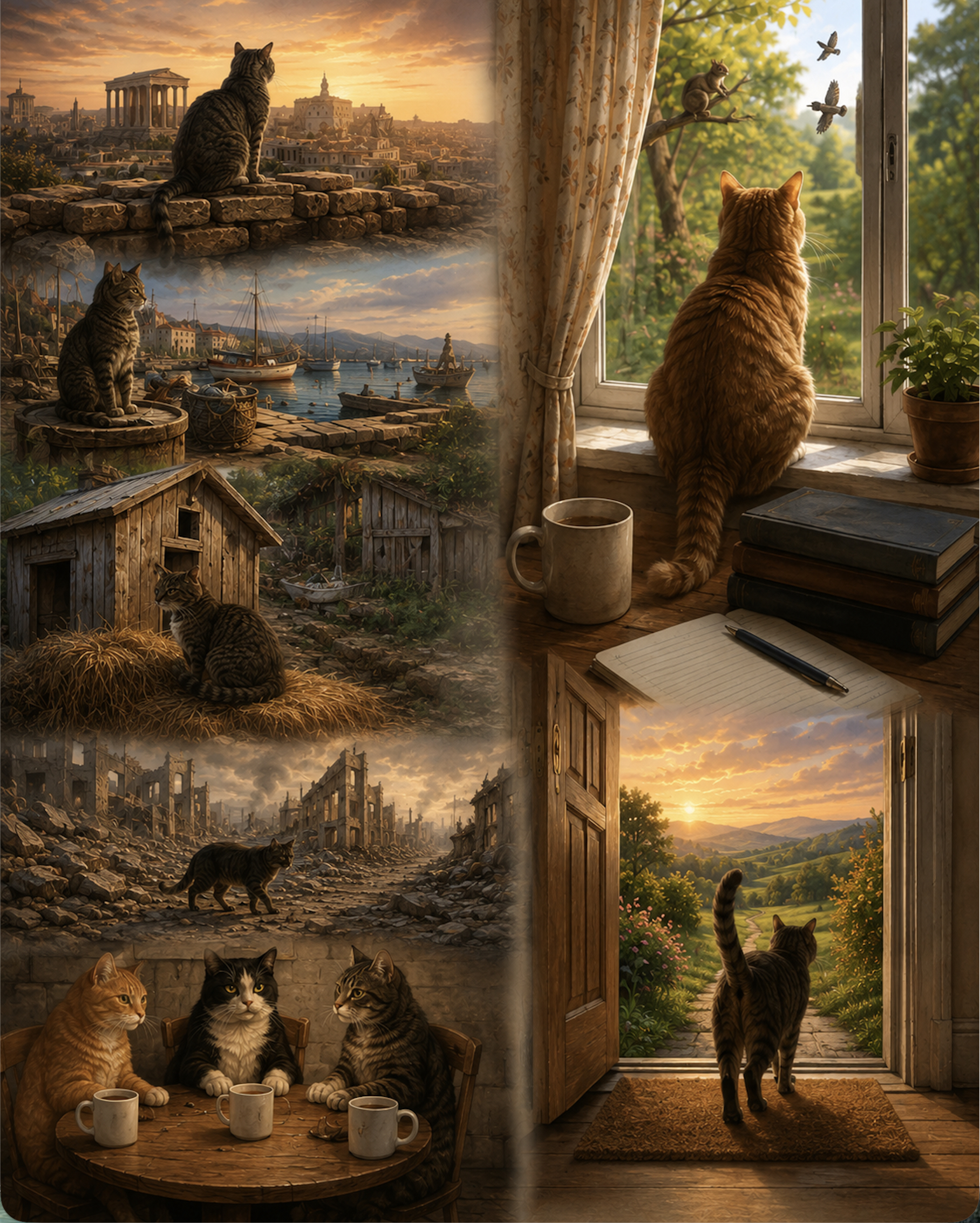 A thoughtful collage of cats throughout history, including house cats looking through windows, barn cats, alley cats, and cats exploring ancient cities and farms, symbolizing freedom, curiosity, and humanity's timeless relationship with felines.